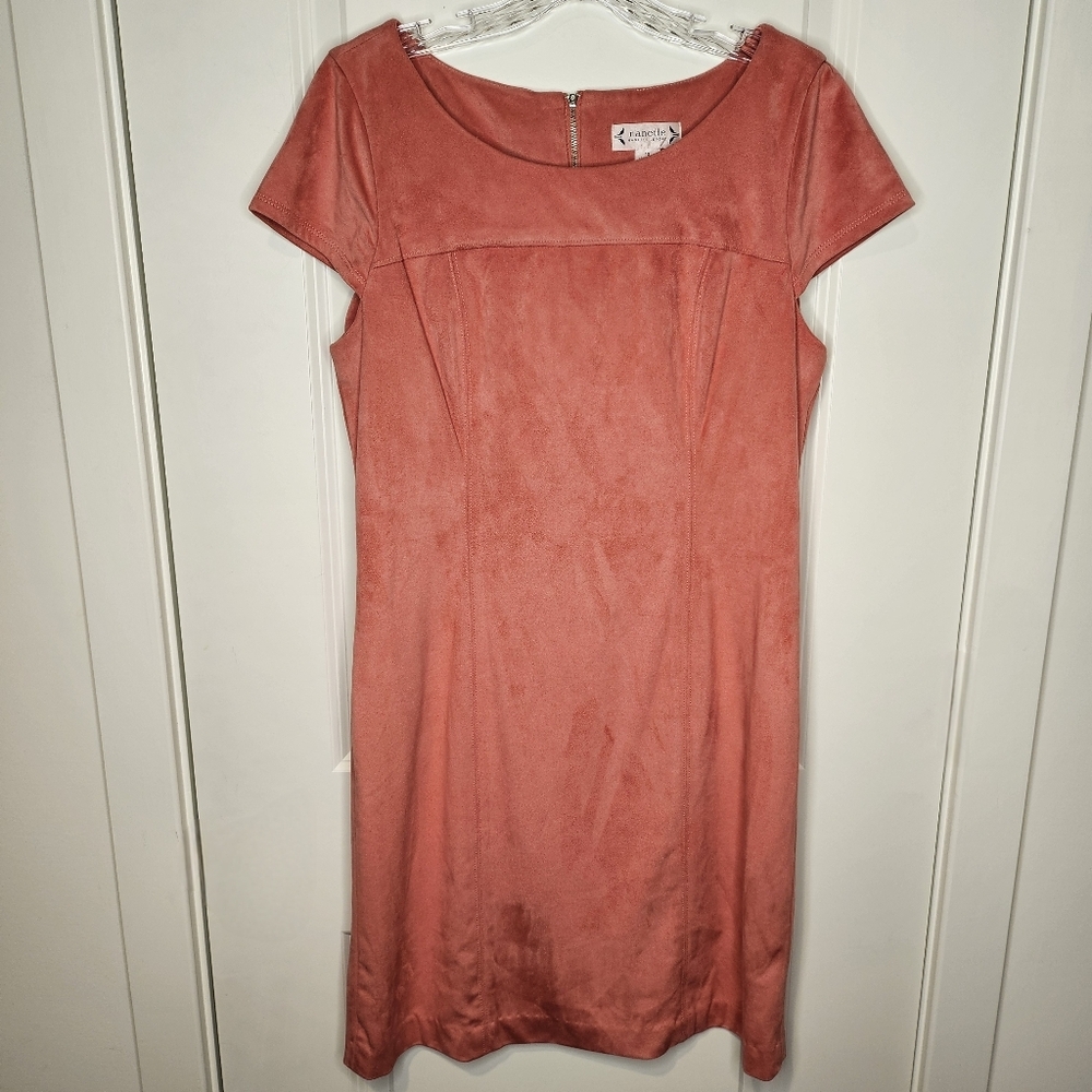 Nanette Lepore Coral Size 10 Faux Suede Sheath Mini Dress Short Sleeve Zip Back - Picture 4 of 9